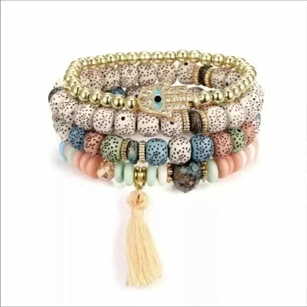 4 Evil Eye Tassel Stretch Beaded Bracelets NWT